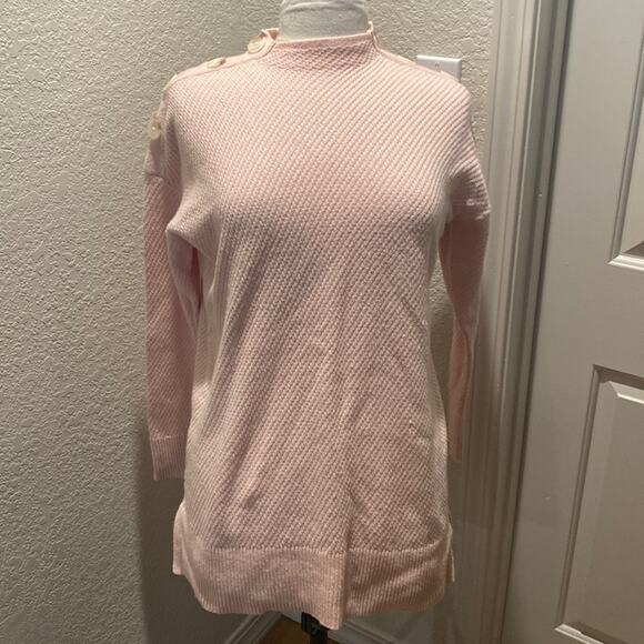 LOFT Mock Neck Light Pink Knitted Sweater Shoulder Buttons EUC Sz M Pullover - Picture 1 of 10